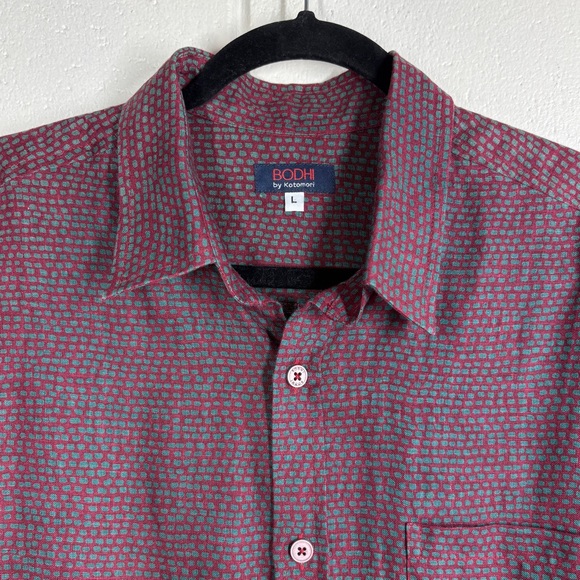 Bodhi by Kotomori Mens Linen Button Up Shirt Size Large Red Green Short Sleeve - Picture 2 of 13